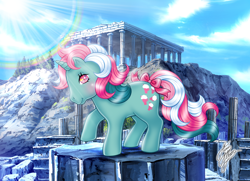 Size: 1142x827 | Tagged: safe, artist:marco albiero, fizzy, pony, twinkle eyed pony, unicorn, g1, bow, detailed background, ruins, solo, tail, tail bow