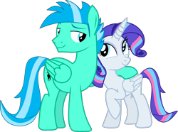 Size: 2258x1679 | Tagged: safe, artist:rarity3257, oc, oc only, oc:sky dancer, oc:stardust falken, alicorn, pegasus, pony, alicorn oc, base used, duo, duo male and female, eyebrows, father and child, father and daughter, female, folded wings, horn, looking at each other, looking at someone, male, mare, not rarity, pegasus oc, photo, side hug, simple background, smiling, smiling at each other, stallion, transparent background, vector, wings