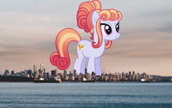 Size: 2048x1284 | Tagged: safe, anonymous editor, artist:starryshineviolet, edit, amber laurel, crystal pony, earth pony, pony, g4, background pony, canada, female, giant pony, giant/macro earth pony, giantess, highrise ponies, irl, macro, mega giant, photo, ponies in real life, smiling, solo, story included, vancouver