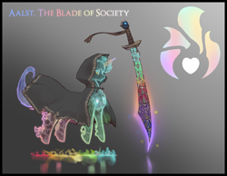 Size: 4500x3500 | Tagged: safe, artist:nsilverdraws, artist:veen, oc, oc only, oc:aalst the blade of society, ghost, ghost pony, pony, undead, unicorn, blade, cloak, clothes, cutie mark, floating, genderless, glowing, glowing eyes, magic, rainbow, reference sheet, scimitar, spirit, sword, weapon
