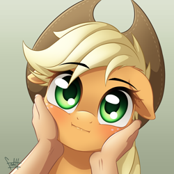 Size: 3500x3500 | Tagged: safe, artist:fadlihalimns, applejack, earth pony, human, pony, g4, :i, cute, female, floppy ears, high res, human pov, jackabetes, looking at you, mare, offscreen character, offscreen human, pov, squeezing, weapons-grade cute