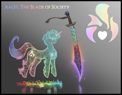 Size: 4500x3500 | Tagged: safe, alternate version, artist:nsilverdraws, artist:veen, oc, oc only, oc:aalst the blade of society, ghost, ghost pony, pony, undead, unicorn, blade, cutie mark, floating, genderless, glowing, glowing eyes, magic, rainbow, reference sheet, scimitar, spirit, sword, weapon