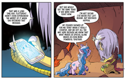 Size: 572x364 | Tagged: safe, idw, official comic, discord, fluttershy, izzy moonbow, draconequus, pegasus, pony, unicorn, g5, spoiler:g5comic, spoiler:g5comic10, comic, old man discord, older, older fluttershy, phone