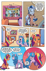 Size: 597x928 | Tagged: safe, idw, official comic, argyle starshine, discord, hitch trailblazer, izzy moonbow, pipp petals, sunny starscout, zipp storm, draconequus, earth pony, pegasus, pony, unicorn, g5, spoiler:g5comic, spoiler:g5comic10, bittersweet, comic, continuity error, father and child, father and daughter, female, male, mane five, mane stripe sunny, old man discord, shipping fuel, stallion