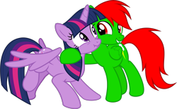 Size: 2646x1642 | Tagged: safe, artist:poniesmemes, artist:sollace, derpibooru exclusive, edit, twilight sparkle, oc, oc:geoffrey sambursky, alicorn, pegasus, pony, g4, stranger than fan fiction, close-up, cute, duo, duo female, female, hug, looking at each other, looking at someone, mare, scrunchy face, simple background, smiling, spread wings, transparent background, twilight sparkle (alicorn), wings