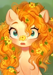 Size: 904x1280 | Tagged: safe, artist:sofiko-ko, pear butter, earth pony, pony, blushing, cute, female, flower, flower in hair, flower on nose, looking at you, mare, open mouth, pearabetes, solo