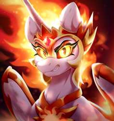 Size: 2672x2824 | Tagged: safe, artist:rico_chan, daybreaker, alicorn, pony, g4, angry, bust, crown, fire, gem, glowing, glowing eyes, high res, jewelry, looking at you, portrait, regalia, slit pupils, snake eyes, solo, teeth, wings