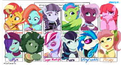 Size: 3550x1920 | Tagged: safe, artist:maren, coloratura, dapple, dj pon-3, inky rose, jasmine leaf, jazz hooves, luminous dazzle, onyx, posey bloom, sugar moonlight, sunset shimmer, vinyl scratch, windy, earth pony, pegasus, pony, unicorn, g4, g5, eyebrows, female, frown, grin, headphones, high res, looking at you, male, mare, one eye closed, open mouth, open smile, signature, six fanarts, smiling, smiling at you, stallion, sunglasses, wings