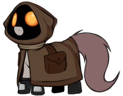 Size: 1224x954 | Tagged: safe, artist:lockheart, oc, oc only, earth pony, jawa, pony, bag, cloak, clothes, explicit source, female, glowing, glowing eyes, hood, mare, ponified, saddle bag, simple background, solo, star wars, white background