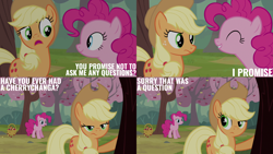 Size: 2000x1125 | Tagged: safe, edit, edited screencap, editor:quoterific, screencap, applejack, pinkie pie, earth pony, pony, g4, my little pony: friendship is magic, season 2, the last roundup, duo, duo female, female, mare