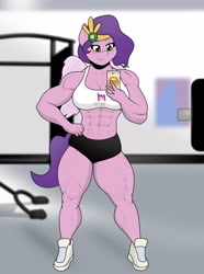 Size: 1702x2287 | Tagged: safe, artist:matchstickman, pipp petals, pegasus, anthro, plantigrade anthro, g5, abs, biceps, breasts, busty pipp petals, calves, cellphone, clothes, deltoids, female, gym, mare, muscles, muscular female, phone, pump petals, shoes, solo, thighs, thunder thighs