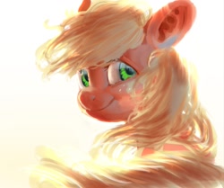 Size: 1080x903 | Tagged: source needed, safe, artist:zzugguri, applejack, earth pony, pony, g4, female, gradient background, hatless, looking at you, looking back, looking back at you, mare, missing accessory, solo