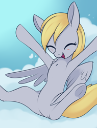 Size: 1720x2264 | Tagged: safe, artist:dusthiel, derpy hooves, pegasus, pony, g4, belly, cute, derpabetes, derpy day, eyes closed, featureless crotch, female, mare, open mouth, open smile, smiling, solo, underhoof, wings
