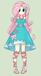 Size: 1801x3343 | Tagged: safe, artist:gakushuogawa, fluttershy, human, equestria girls, g4, my little pony equestria girls: better together, clothes, dress, female, fluttershy boho dress, geode of fauna, green background, magical geodes, pigeon toed, simple background, solo, standing