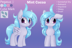 Size: 2400x1600 | Tagged: safe, artist:illusion, oc, oc only, oc:mint cocoa, pegasus, pony, abstract background, female, gradient background, reference sheet, solo, text