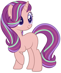 Size: 2309x2757 | Tagged: safe, artist:shoyo-chann, pony, unicorn, g4, 2020, beige fur, female, high res, looking offscreen, magical lesbian spawn, mare, multicolored hair, offspring, parent:scootaloo, parent:starlight glimmer, parents:glimmerloo, purple eyes, raised hoof, show accurate, simple background, smiling, solo, transparent background