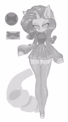 Size: 1389x2478 | Tagged: safe, artist:vanityamaryllis, rarity, unicorn, anthro, g4, clothes, ear piercing, female, leggings, monochrome, piercing, skirt, solo, tail, wide hips