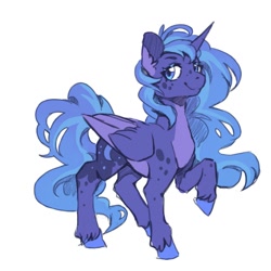 Size: 2000x2000 | Tagged: safe, artist:flaming-trash-can, princess luna, alicorn, pony, g4, alternate design, colored wings, high res, missing accessory, pale belly, raised hoof, simple background, smiling, solo, spots, two toned wings, unshorn fetlocks, white background, wings