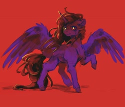 Size: 2048x1755 | Tagged: safe, artist:flaming-trash-can, oc, oc only, alicorn, pony, raised hoof, red background, red eyes, simple background, solo, spread wings, standing, wings