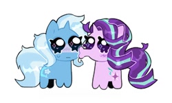 Size: 1100x660 | Tagged: safe, artist:evrlavendyr, starlight glimmer, trixie, pony, unicorn, g4, autism creature, blushing, chibi, female, kissing, lesbian, ship:startrix, shipping, simple background, standing, white background