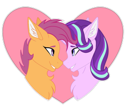 Size: 5009x4500 | Tagged: artist needed, safe, scootaloo, starlight glimmer, pegasus, pony, unicorn, g4, boop, chest fluff, crack shipping, duo, ear fluff, eyebrows, female, glimmerloo, heart, lesbian, looking at each other, looking at someone, mare, noseboop, older, older scootaloo, outline, shipping, simple background, smiling, smiling at each other, transparent background, white outline