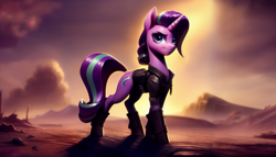 Size: 2688x1536 | Tagged: safe, ai assisted, ai content, generator:pony soup v2, generator:stable diffusion, prompter:siber, starlight glimmer, pony, unicorn, g4, clothes, desert, female, jacket, leather, leather jacket, looking at you, mad max, mad max fury road, mare, post-apocalyptic, scenery, sky, solo