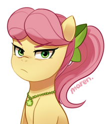 Size: 1914x2244 | Tagged: safe, artist:maren, posey bloom, earth pony, pony, g5, angry, bow, cute, eyebrows, eyebrows visible through hair, female, frown, hair bow, high res, jewelry, karen, looking at you, madorable, mare, necklace, posey bloom is not amused, posey can't catch a break, pun, signature, simple background, unamused, white background