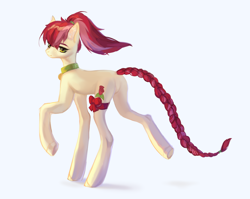 Size: 3102x2472 | Tagged: safe, artist:marsellies, roseluck, earth pony, pony, g4, braid, butt, collar, commission, commissioner:doom9454, cute, featureless crotch, high res, pet tag, plot, pony pet, ponytail, ribbon, rosepet, simple background, solo