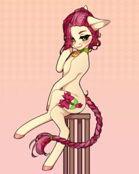 Size: 1200x1500 | Tagged: safe, artist:takic, roseluck, earth pony, pony, g4, alternate hairstyle, braid, collar, commission, commissioner:doom9454, crossed legs, cute, pet tag, pony pet, ribbon, rosepet, sitting, solo