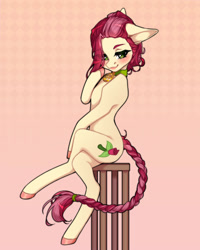Size: 1200x1500 | Tagged: safe, alternate version, artist:takic, roseluck, earth pony, pony, g4, alternate hairstyle, braid, collar, commission, commissioner:doom9454, crossed legs, cute, pet tag, pony pet, rosepet, sitting, solo