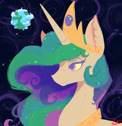 Size: 3000x3100 | Tagged: safe, artist:thelunarmoon, princess celestia, alicorn, pony, g4, 4everfreebrony, bust, cloud, crown, digital painting, earth, female, high res, jewelry, lidded eyes, looking forward, mare, peytral, planet, regalia, smiling, solo, space, stars, sternocleidomastoid, this is what it's like