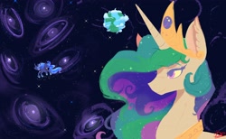 Size: 4096x2521 | Tagged: safe, artist:thelunarmoon, princess celestia, princess luna, alicorn, pony, g4, crown, duo, duo female, earth, female, galaxy, jewelry, regalia, royal sisters, siblings, sisters, wallpaper