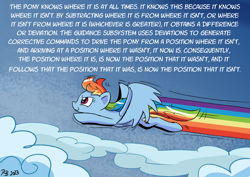 Size: 2047x1447 | Tagged: safe, artist:pony-berserker, rainbow dash, pegasus, pony, g4, cloud, female, flying, mare, meme, sky, solo, text, the missile knows where it is, wall of text