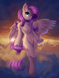 Size: 3112x4096 | Tagged: safe, artist:ravistdash, fluttershy, pegasus, semi-anthro, g4, arm hooves, belly, belly button, bipedal, chest fluff, cloud, ear fluff, female, high res, leg fluff, mare, sitting, smiling, solo, spread wings, sunset, underhoof, wallpaper, wing fluff, wings