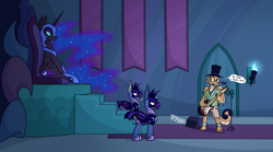 Size: 3655x2032 | Tagged: safe, artist:moonatik, nightmare moon, oc, oc:myoozik the dragon, alicorn, bat pony, dragon, pony, g4, alternate timeline, amplifier, banner, clothes, commission, folded wings, group, guitar, hat, high res, jewelry, megadeth, musical instrument, necklace, night guard, nightmare takeover timeline, quartet, shirt, sitting, song reference, stairs, symphony of destruction, this will not end well, throne, top hat, torch, wings