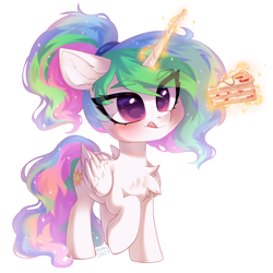 Size: 2000x2000 | Tagged: safe, artist:anku, princess celestia, alicorn, pony, g4, cake, cakelestia, chest fluff, chibi, cute, cutelestia, eye clipping through hair, eyebrows, eyebrows visible through hair, female, folded wings, food, glowing, glowing horn, herbivore, high res, horn, levitation, licking, licking lips, magic, magic aura, mare, ponytail, raised hoof, signature, simple background, solo, strawberry, telekinesis, that pony sure does love cakes, tongue out, white background, wings