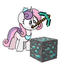 Size: 1000x1000 | Tagged: safe, artist:sugar morning, derpibooru exclusive, part of a set, sweetie belle, pony, unicorn, don't mine at night, g4, animated, armor, cute, diamond, diamond armor, diamond ore, diamond pickaxe, diasweetes, female, gif, mare, minecraft, mining, mouth hold, ore block, pickaxe, simple background, solo, standing, sugar morning's miners, transparent background