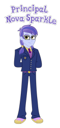 Size: 2762x5835 | Tagged: safe, anonymous artist, oc, oc only, oc:prince nova sparkle, human, equestria girls, g4, absurd resolution, accessory, belt, belt buckle, buttons, clothes, cutie mark on clothes, equestria girls-ified, eyebrows, eyelashes, facial hair, glasses, goatee, hair ring, hands behind back, human oc, looking, looking at you, male, necktie, offspring, pants, parent:alumnus shining armor, parent:sci-twi, parent:shining armor, parent:twilight sparkle, parents:alumnusshiningscitwisparkle, parents:shining sparkle, pocket, ponytail, principal nova sparkle, product of incest, shakespearicles, shirt, shoes, simple background, socks, solo, suit, sweater, text, transparent background