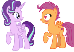 Size: 1036x728 | Tagged: safe, artist:scootadash4ever, derpibooru exclusive, scootaloo, starlight glimmer, alicorn, pegasus, pony, g4, 2023, alicornified, blushing, duo, ear blush, female, folded wings, glimmerloo, heart, heart eyes, lesbian, looking at each other, looking at someone, love at first sight, mare, older, older scootaloo, open mouth, race swap, raised hoof, shipping, show accurate, simple background, smiling, spread wings, starlicorn, teeth, transparent background, wingboner, wingding eyes, wings, xk-class end-of-the-world scenario