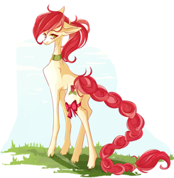 Size: 2084x2126 | Tagged: safe, artist:kao, roseluck, earth pony, pony, g4, alternate hairstyle, braid, braided tail, collar, commission, commissioner:doom9454, concave belly, cute, high res, long tail, pet tag, pony pet, ponytail, ribbon, rosepet, skinny, solo, sternocleidomastoid, tail, thin, thin legs