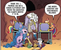 Size: 1079x886 | Tagged: safe, idw, official comic, discord, izzy moonbow, sunny starscout, draconequus, earth pony, pony, unicorn, g5, spoiler:comic, spoiler:g5comic, spoiler:g5comic10, box, box sawing trick, cave, female, funny background event, halved, implied fluttershy, magic trick, male, mane stripe sunny, mare, old man discord, patting