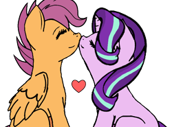 Size: 680x503 | Tagged: artist needed, safe, derpibooru exclusive, scootaloo, starlight glimmer, pegasus, pony, unicorn, g4, colored, crack shipping, cute, cutealoo, duo, female, flat colors, folded wings, glimmerbetes, glimmerloo, heart, lesbian, nuzzling, older, older scootaloo, shipping, simple background, sitting, smiling, transparent background, wings