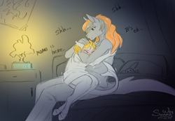 Size: 1200x829 | Tagged: safe, artist:sunny way, oc, hybrid, shark, anthro, bad dream, bedroom, child, comforting, crying, cute, daughter, duo, female, hug, mare, mother, mother and child, mother and daughter, night, nightmare, patreon, patreon reward, sad, sadorable, small