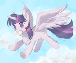 Size: 1301x1080 | Tagged: safe, artist:回忆里的糖, twilight sparkle, alicorn, pony, g4, chest fluff, cloud, female, flying, letter, love letter, mare, mouth hold, solo, spread wings, twilight sparkle (alicorn), wings
