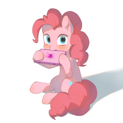 Size: 1268x1268 | Tagged: safe, artist:回忆里的糖, pinkie pie, earth pony, pony, g4, blushing, female, looking at you, mare, shadow, simple background, sitting, solo, white background