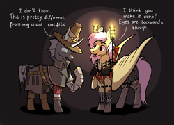 Size: 2078x1500 | Tagged: safe, artist:28gooddays, oc, oc only, oc:cables, oc:coxa, changeling, pegasus, pony, anisocoria, armor, bright wizard, candle, chains, changeling oc, clothes, coat, crossover, dialogue, fangs, fire, inquisitor, male, pegasus oc, reference to another series, smiling, warhammer (game), warhammer fantasy, witch