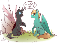 Size: 2000x1502 | Tagged: safe, artist:28gooddays, oc, oc only, oc:coxa, oc:silent night, changeling, pegasus, pony, anisocoria, book, changeling oc, conversation, fangs, grass, looking at each other, looking at someone, male, music notes, paintbrush, pegasus oc, red changeling, simple background, sitting, smiling, speech bubble, tree, white background