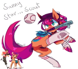 Size: 640x568 | Tagged: safe, artist:anwa-gows-uwu, sunny starscout, earth pony, human, pony, g5, ball, baseball, baseball bat, cap, crossover, dock, female, hat, male, mare, mouth hold, name pun, pun, reference, scout (tf2), simple background, solo, sports, tail, team fortress 2, visual pun, white background