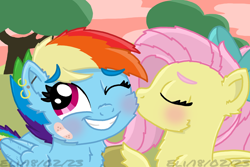 Size: 1280x854 | Tagged: safe, artist:autisticeli, fluttershy, rainbow dash, pegasus, pony, g4, bandaid, blushing, bow, cheek kiss, ear piercing, earring, eyes closed, female, hair bow, jewelry, kissing, lesbian, mare, one eye closed, piercing, ship:flutterdash, shipping, smiling