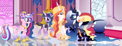 Size: 4352x1632 | Tagged: safe, artist:pastelnightyt, princess cadance, princess celestia, princess luna, twilight sparkle, alicorn, pony, g4, alicorn tetrarchy, alternate design, base used, concave belly, countershading, crown, height difference, hoof shoes, jewelry, leonine tail, long tail, older, older twilight, older twilight sparkle (alicorn), reflection, regalia, slender, tail, tail feathers, thin, throne room, twilight sparkle (alicorn)